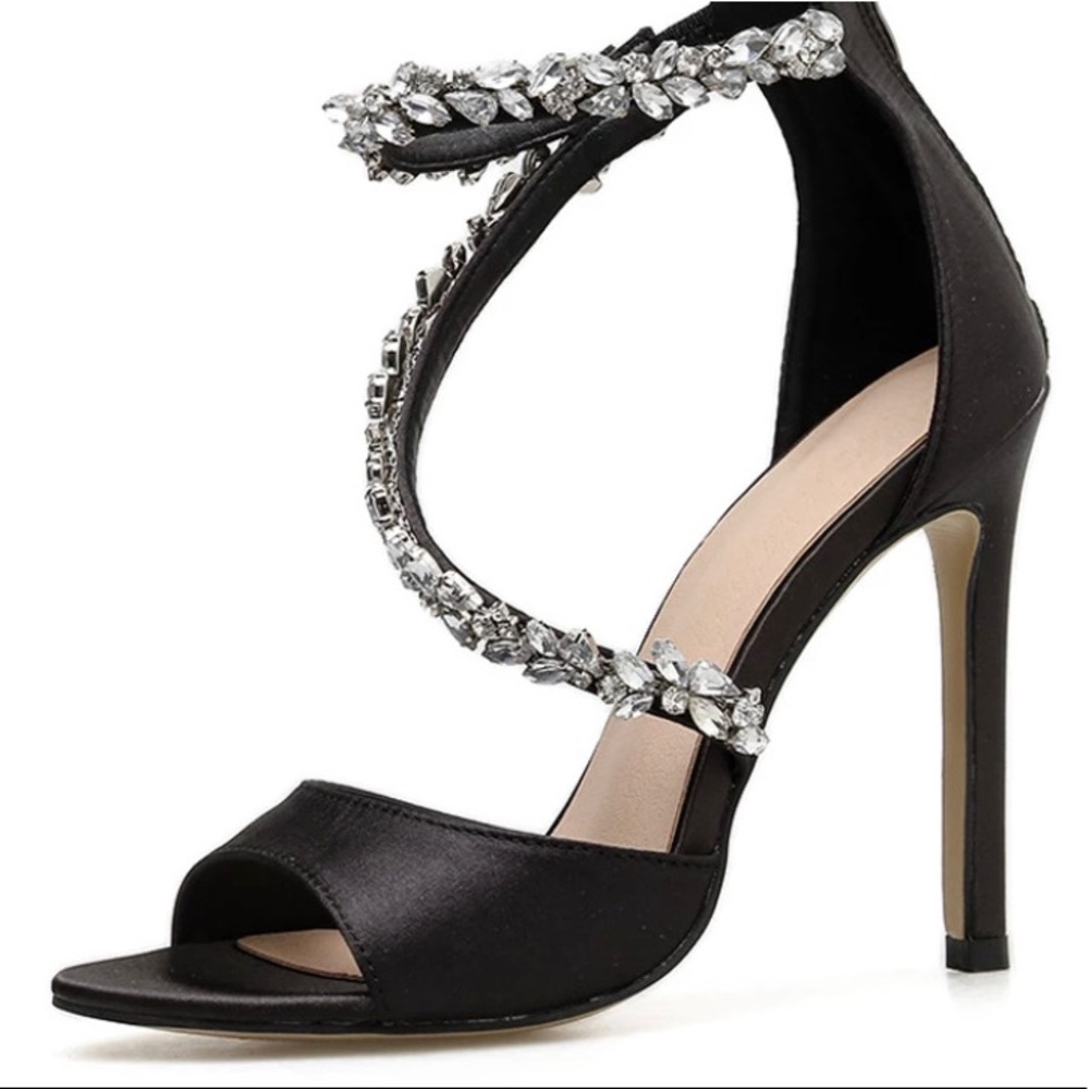 Black Satin Stone Heels
